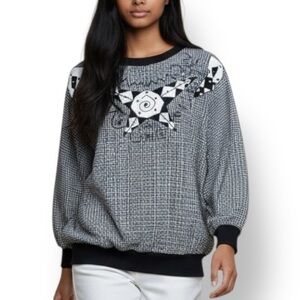 4/$20 Vintage Donna Toran Check Top Black White Embellished Dolman Sleeve Blouse